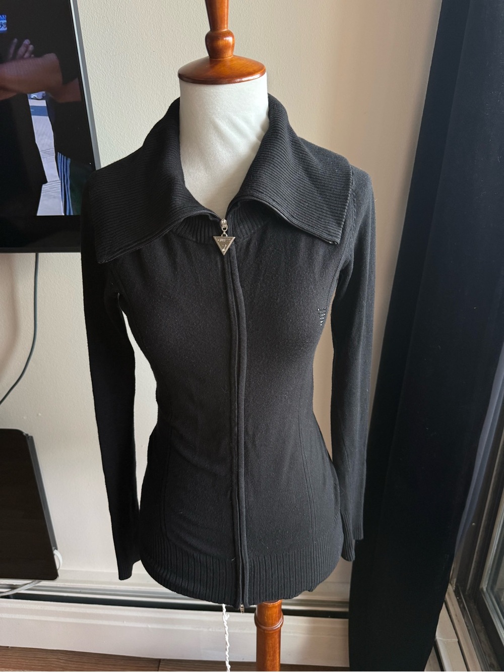 Guess by Marciano Black Fitted Zip-Up Collared Cardigan